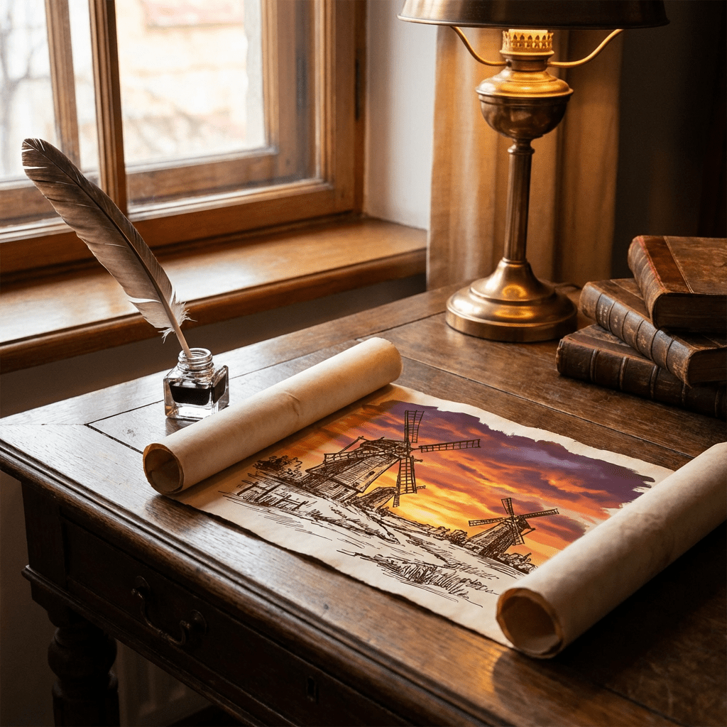 An unrolled parchment scroll showing a sunset windmill sketch on a wooden desk with a quill and inkwell.