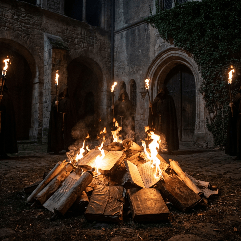 Hooded figures holding torches surround a bonfire of burning books and scrolls.