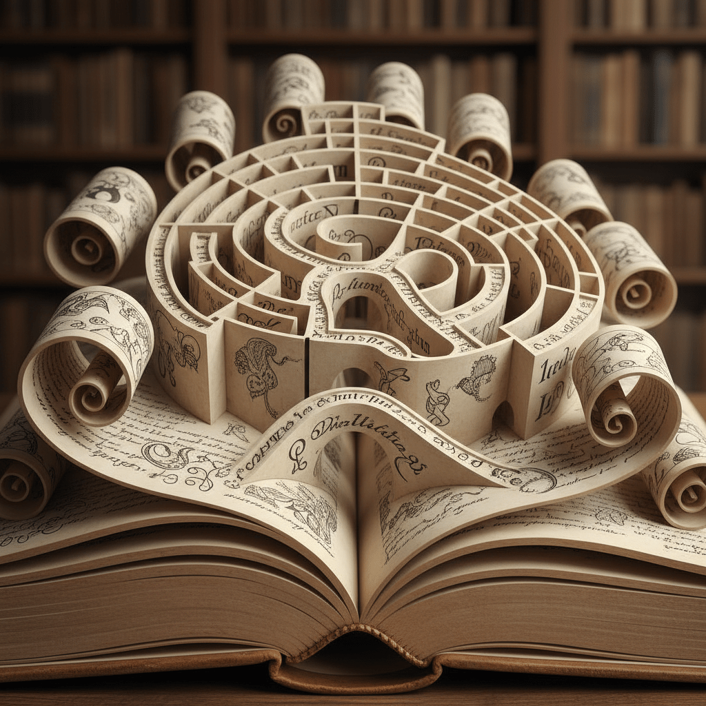 Open book with labyrinthine paper structure and calligraphy designs