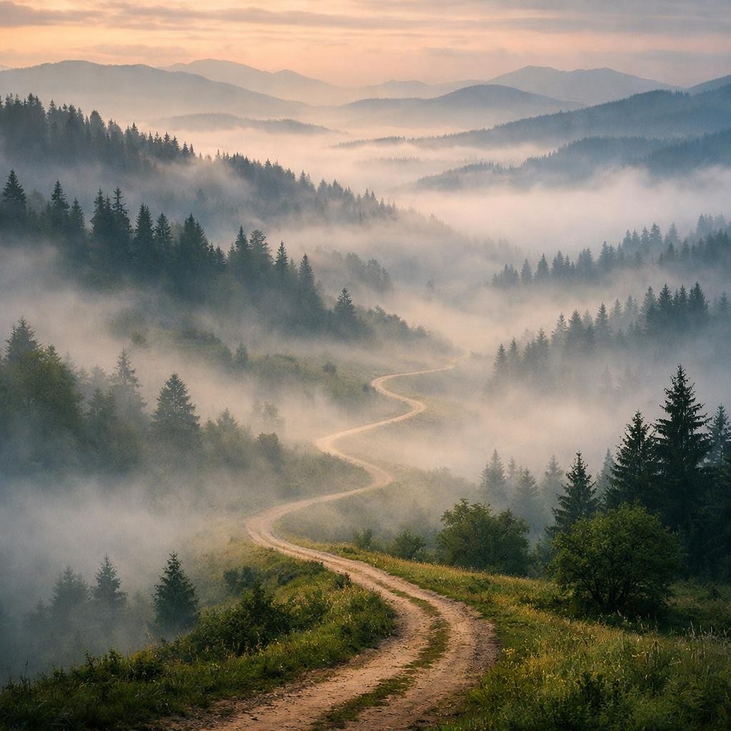 Winding dirt path through misty forested mountains with conifer trees