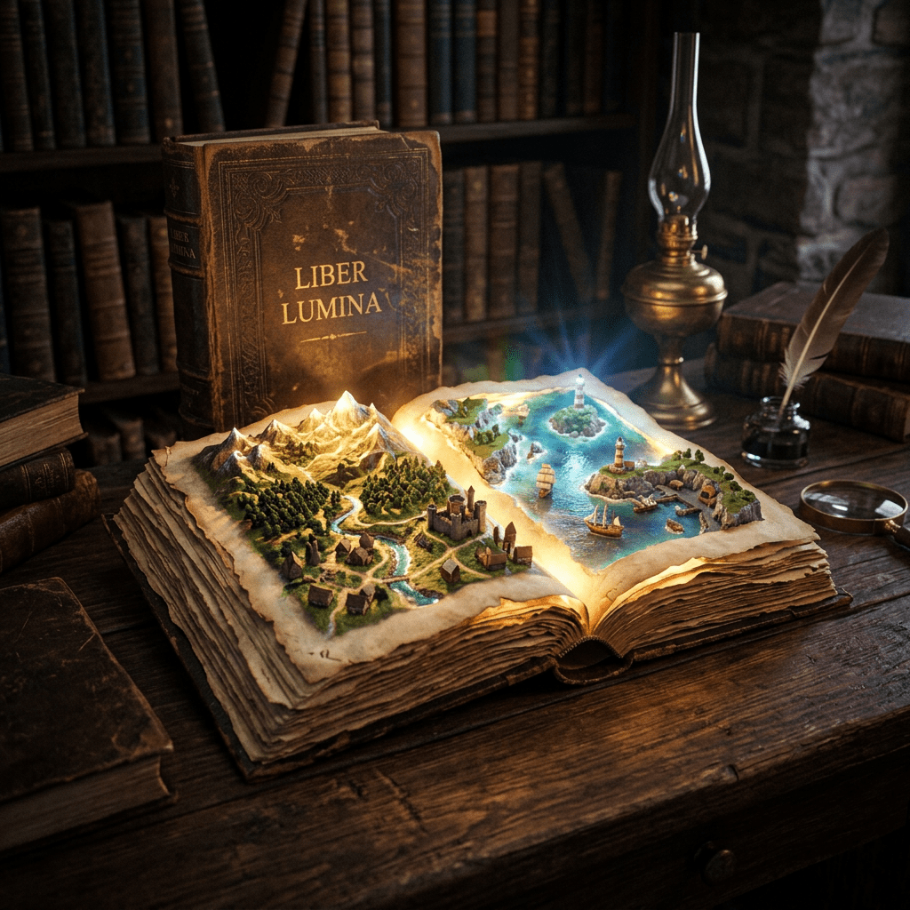 Open book with glowing three-dimensional fantasy map showing mountains, forest, castles, and sea with ships and lighthouses.
