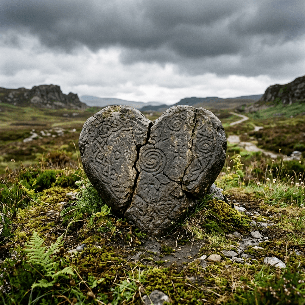 Heart-shaped stone with ancient Celtic carvings in mossy grassy countryside under cloudy sky