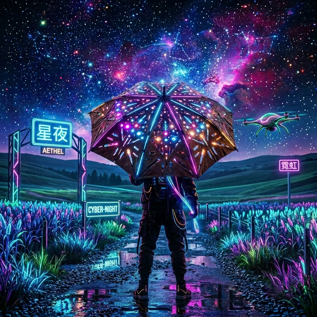 Person holding a glowing umbrella overlooking a neon cyberpunk cityscape at night