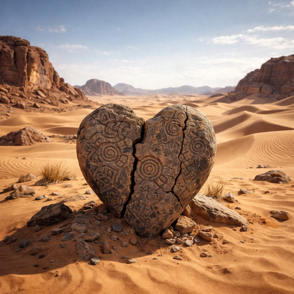 Cracked heart-shaped rock with ancient carvings in a sandy desert
