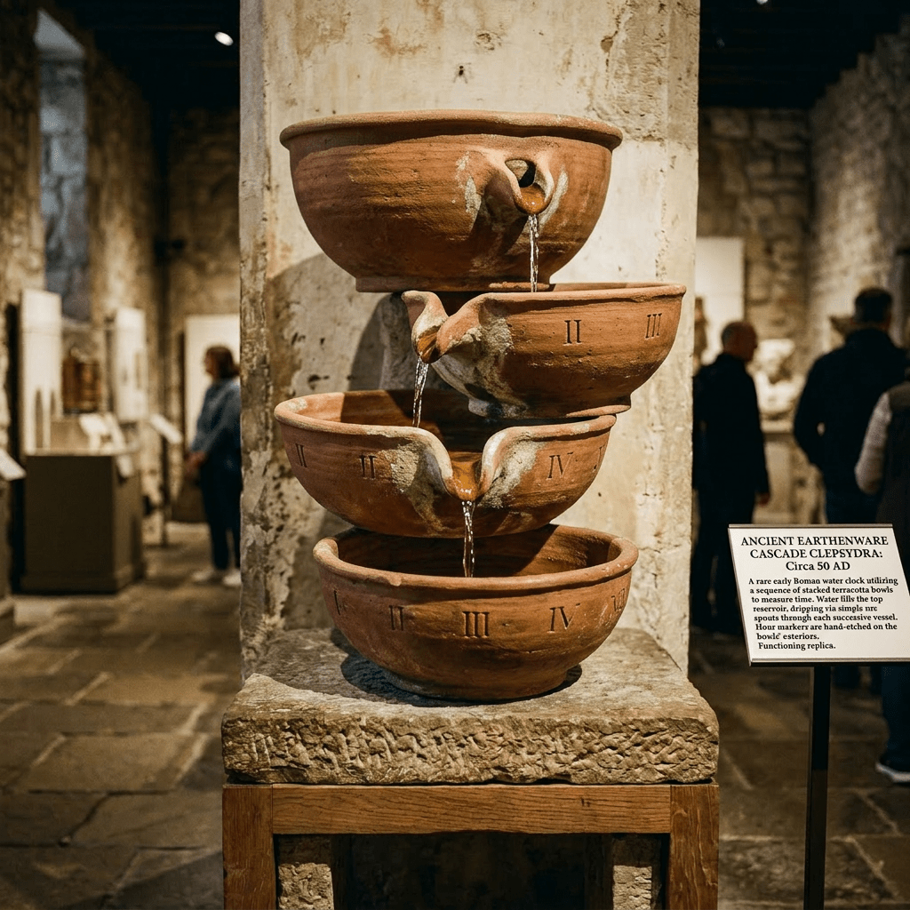 Replica of a Roman water clock with ornate brass components and a glass water container