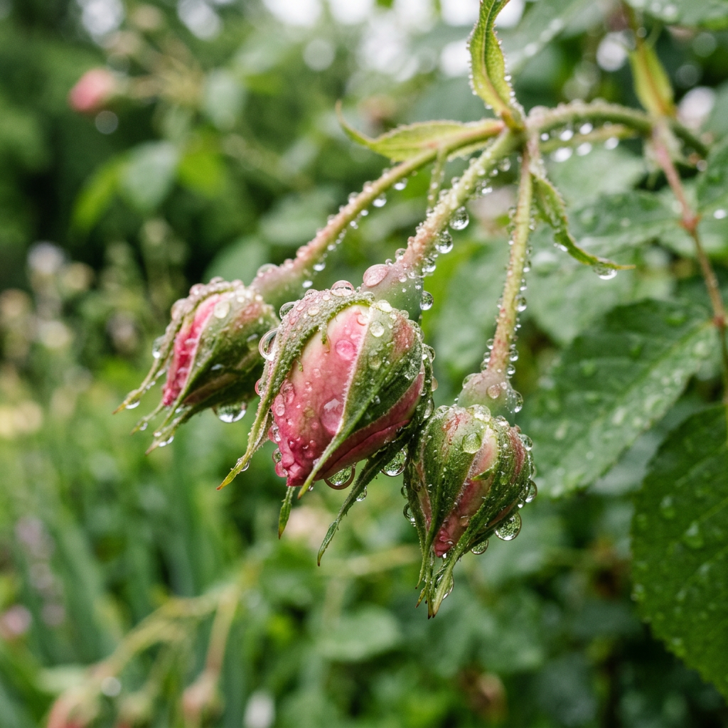Pink rosebuds hanging with water droplets on green leaves background