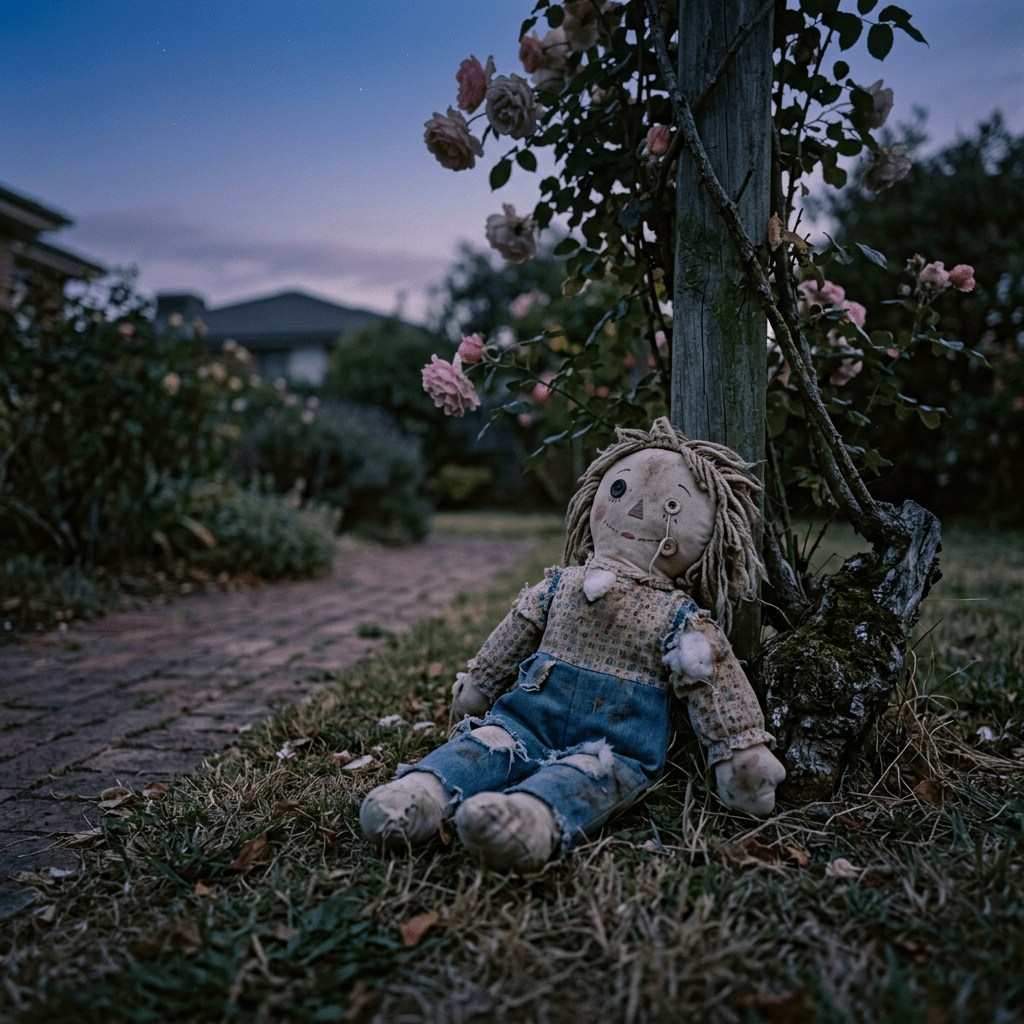 A rag doll with button eyes and a patched outfit sitting against a wooden post near pink rose bushes in a garden at dusk.