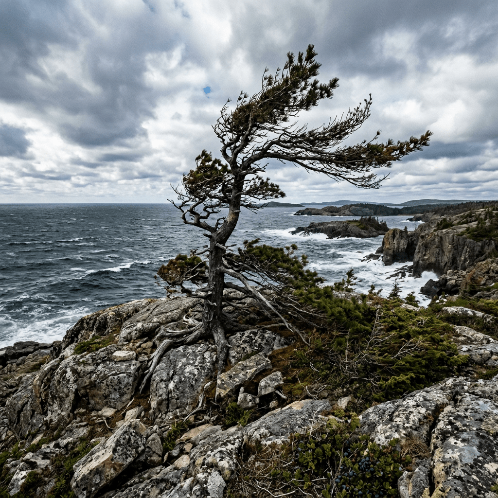 Wind-sculpted tree on rocky coastline with turbulent ocean and cloudy sky