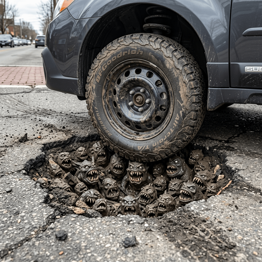 Car tire over a pothole containing small monster figurines with aggressive faces