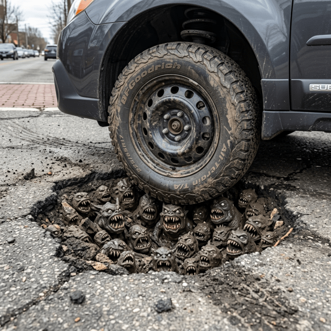 Car tire over a pothole containing small monster figurines with aggressive faces