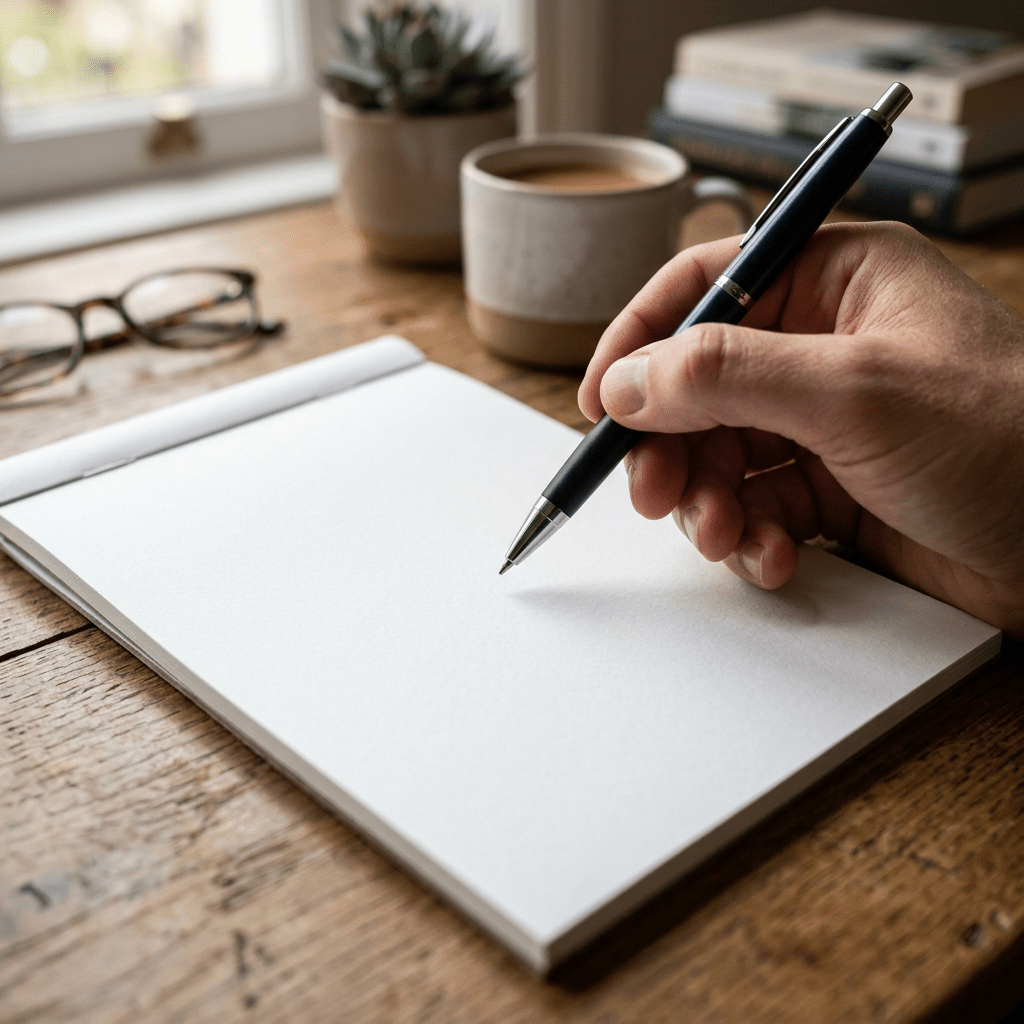 Hand holding pen above blank notepad with coffee cup and glasses on wooden table