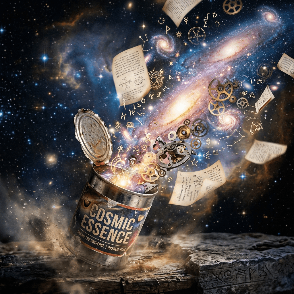 Open canister labeled "COSMIC ESSENCE" releasing galaxies, gears, symbols, and handwritten pages